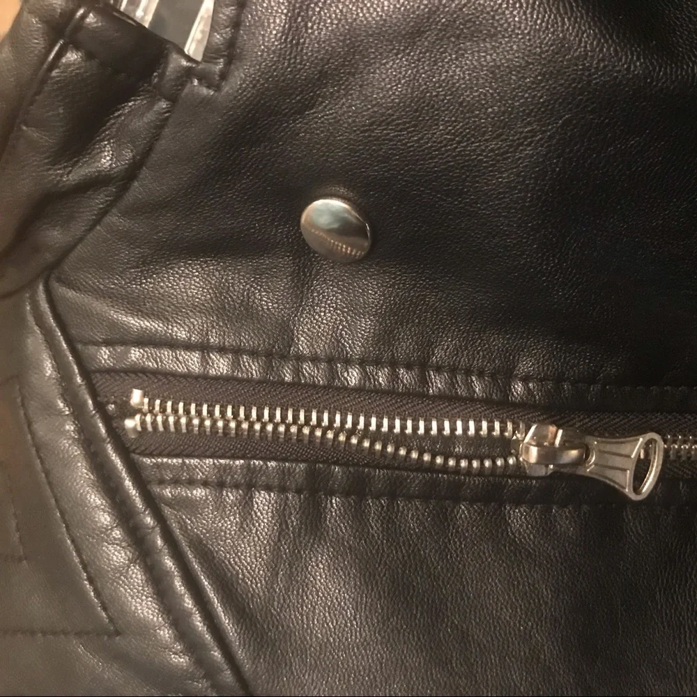 Black Vegan leather bomber jacket w/ polished silver detail. Size small - Picture 6 of 8